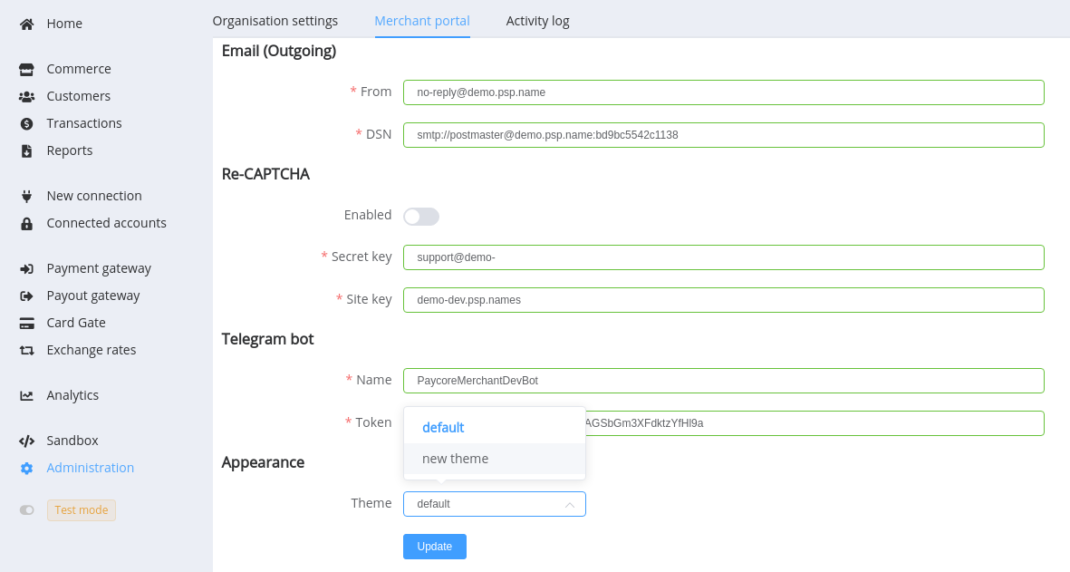 The theme switcher in the Merchant portal settings