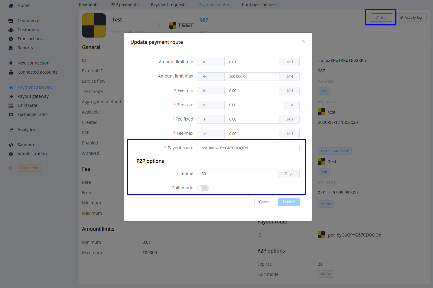 Edit payment route's options