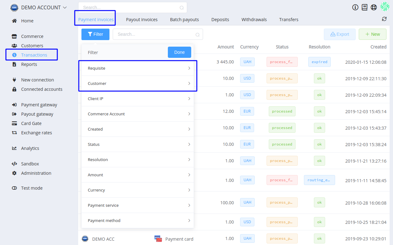 Filters for Invoices