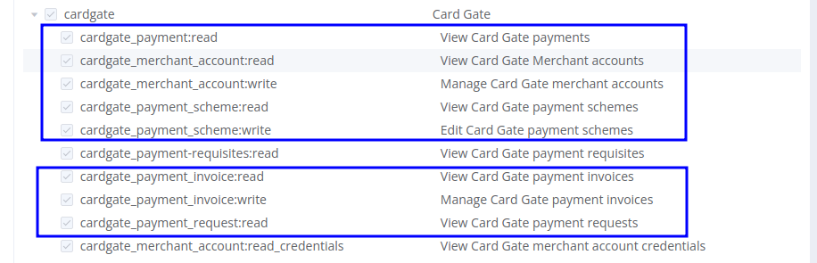 Card Gateway permissions