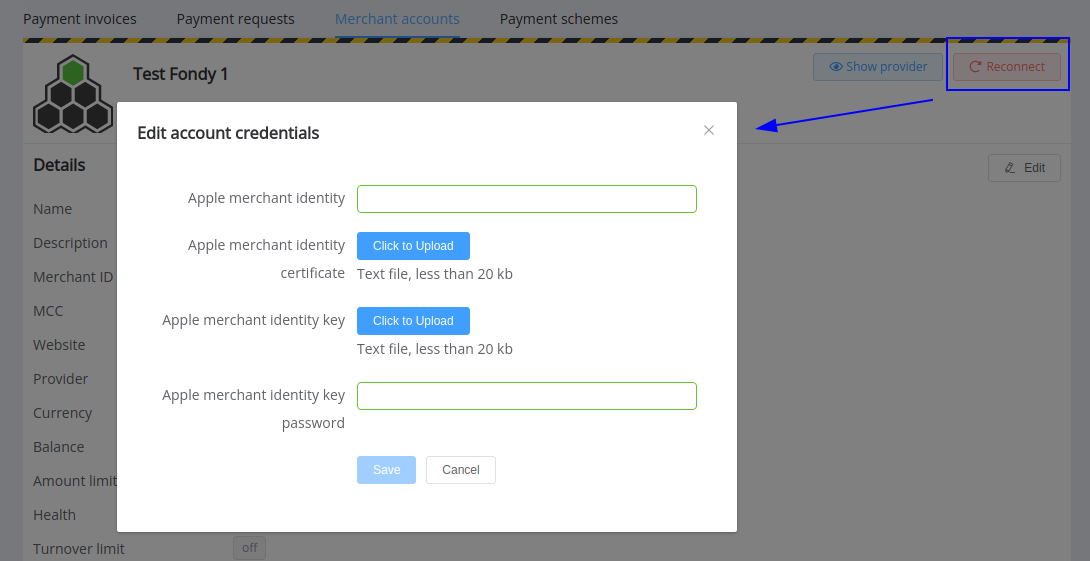 Reconnection of a merchant account with new credentials