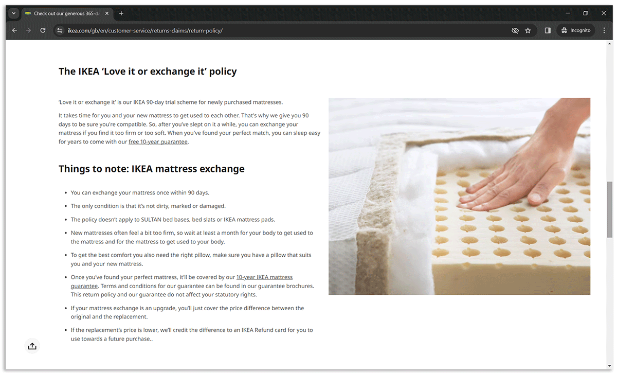 IKEA's return policy screenshot
